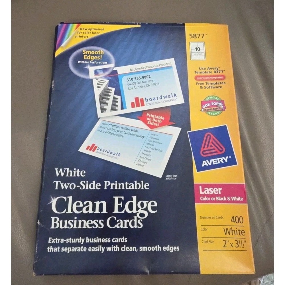 Avery Clean Edge Business Cards Laser 2 x 3 1/2 White 400/Box 5877 NEW Sealed